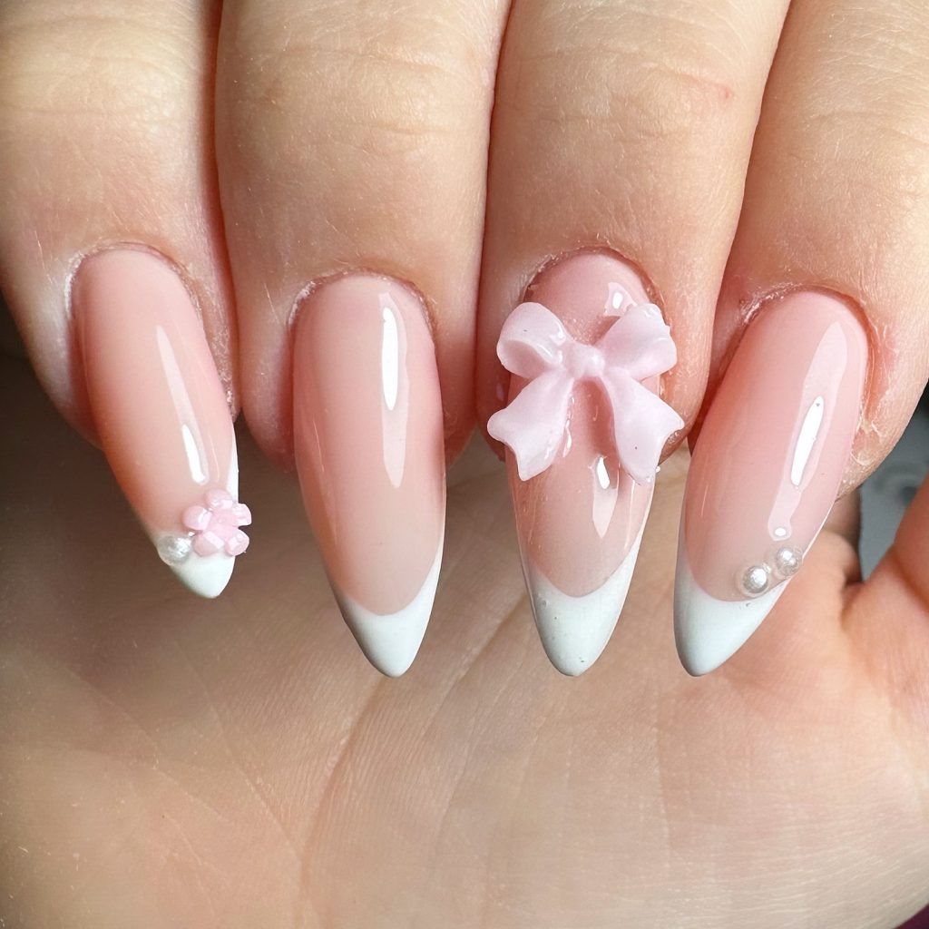 Zierliche rosa Mandelnägel mit French Tips und floraler Schleife