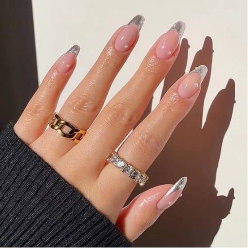 Christmas Luxury Pearls Metallic Silver French Tip Nails