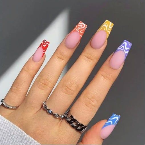 French Rainbow Swirly Abstract Nails