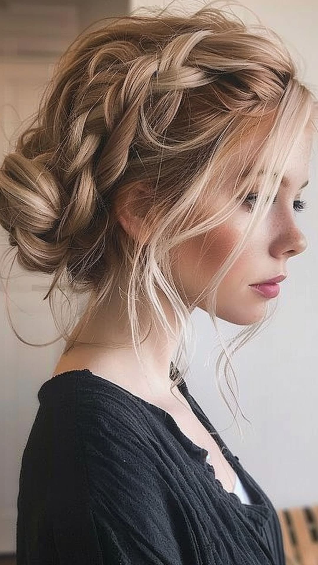 Messy Side Braid Updo mit gesichtsumrahmenden Strähnen