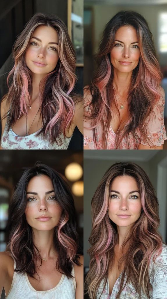 Dunkles Haar mit rosa und bronzenen Highlights